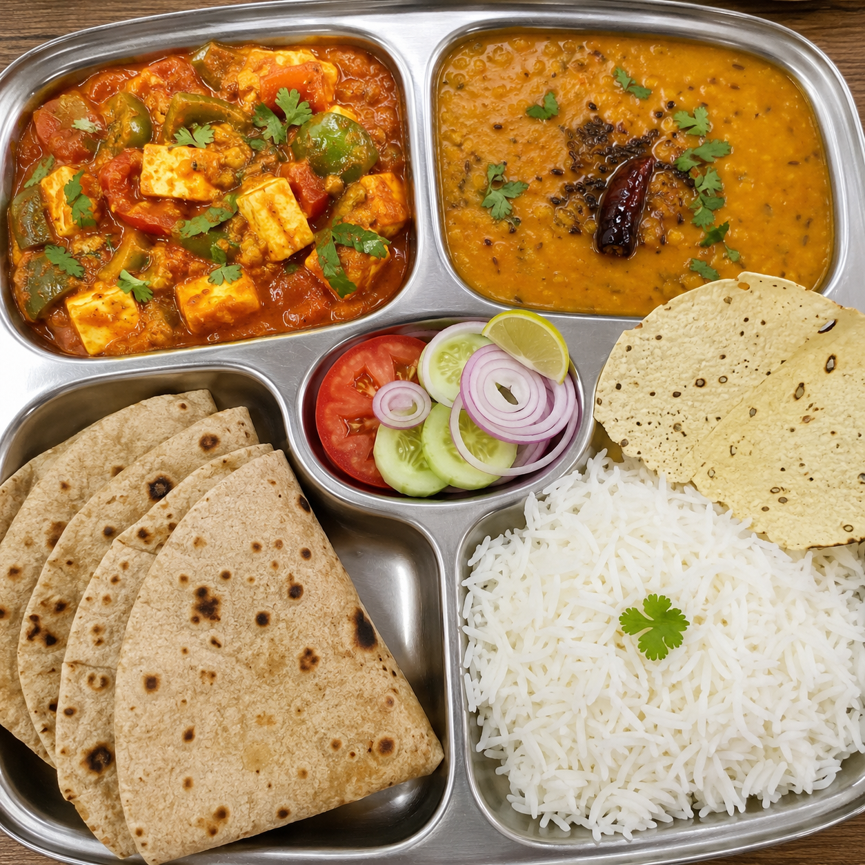 shimla Mirchi paneer and dal tadka salad 4 chapati papad  whith basmati Rice