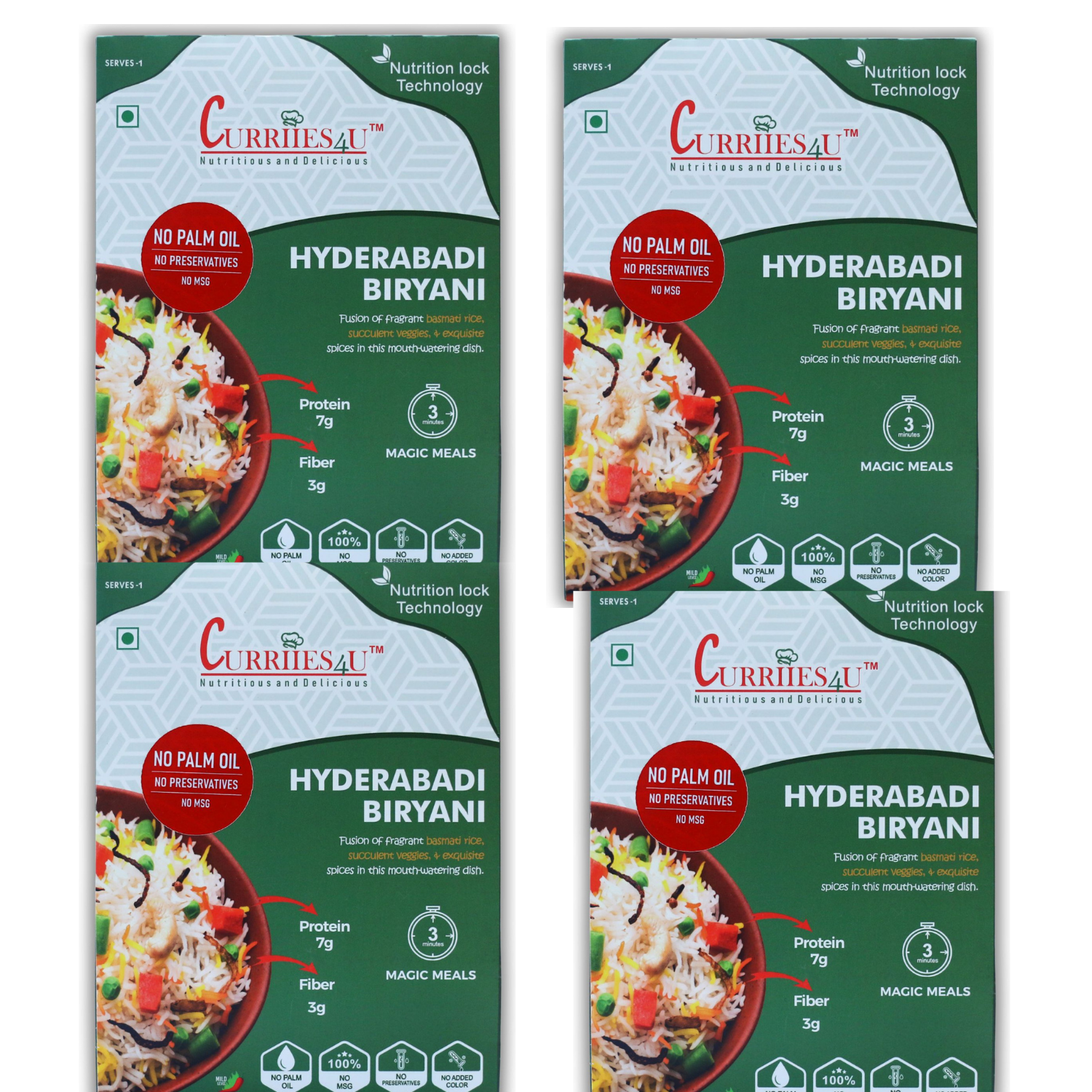 Curriies4U Hyderabadi Veg Biryani Ready to Eat, 200g | No Palm Oil, No Preservatives, No MSG & No Added Colour | Basmati Rice with Vegetables | Ready in 3 Minutes